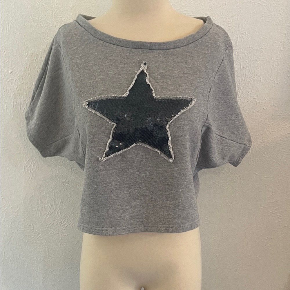 Gray Cropped Top with Sequence Blue Star Design